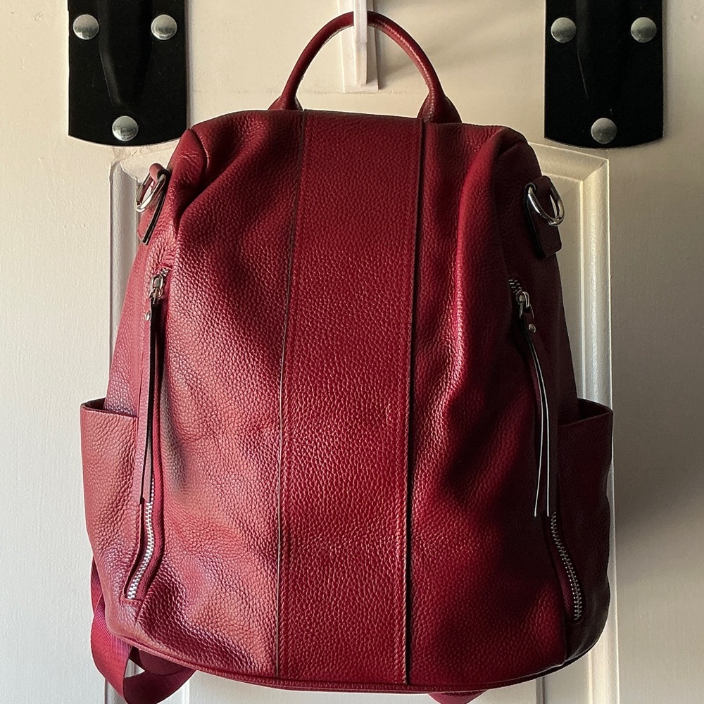 S-ZONE Red Leather Backpack With Extra Shoulder Strap